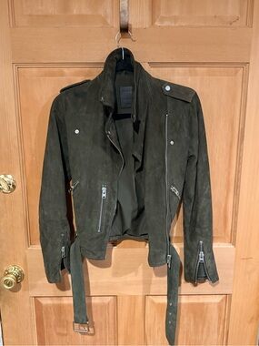 All Saints Olive Suede Biker Jacket, size 6